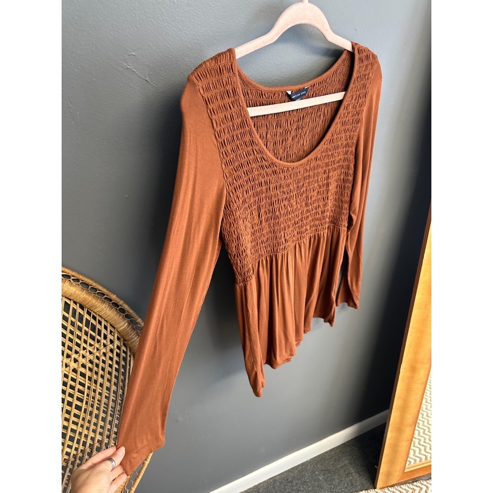American Eagle Womens M Top Smocked Brown Long Sleeve Peasant Boho Tunic - Picture 2 of 5